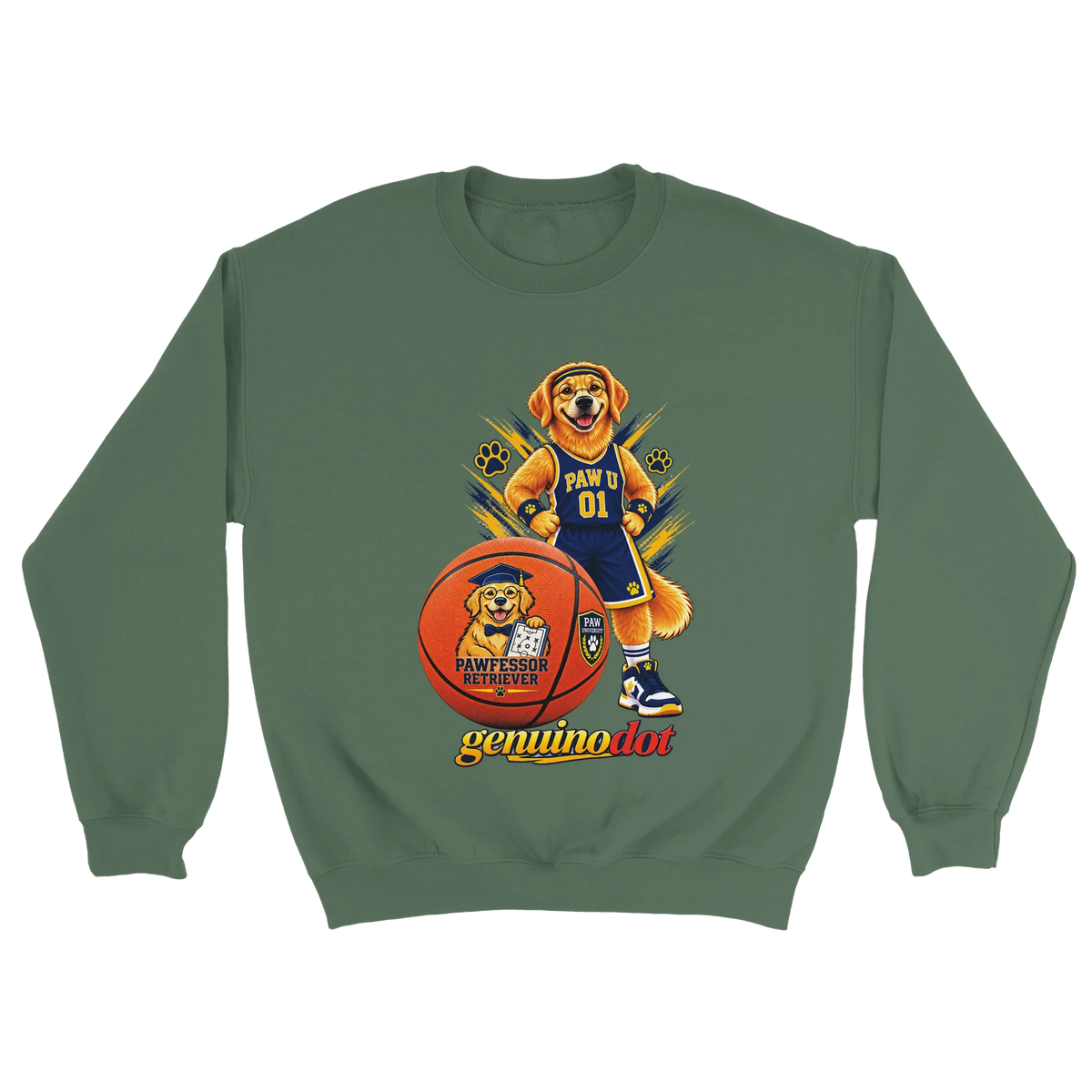 Pawfessor Retriever Basketball Sweatshirt — close-up