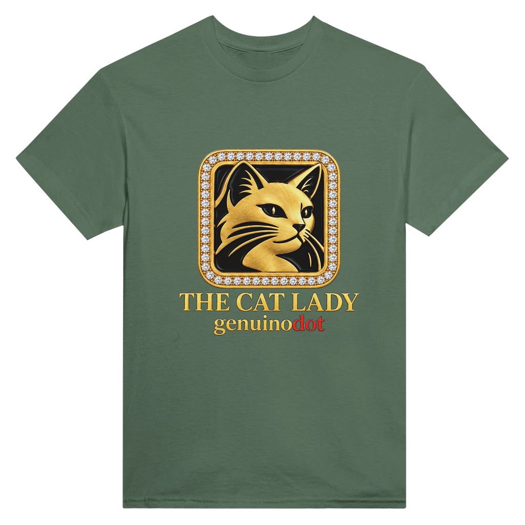 The Cat Lady Gold Emblem T-Shirt — close-up