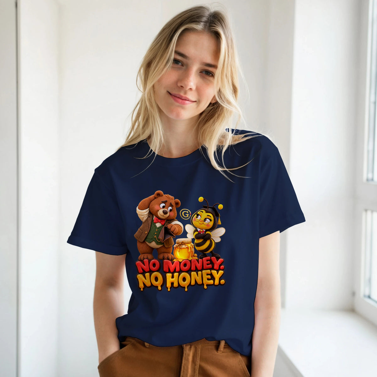 No Money, No Honey™ — Pawfessor Bear & Bee Tee — detail shot