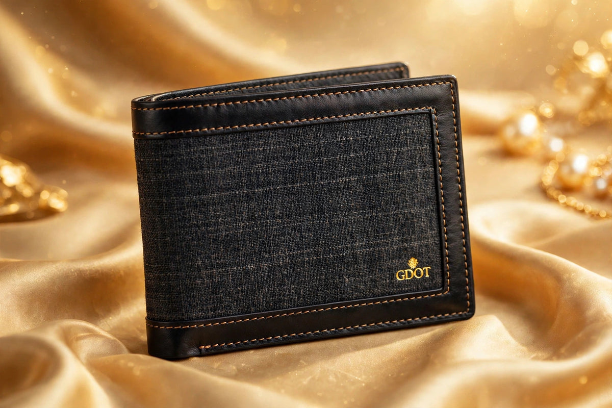 GenuinoDot Khaddar Leather Wallet — Charcoal Bifold