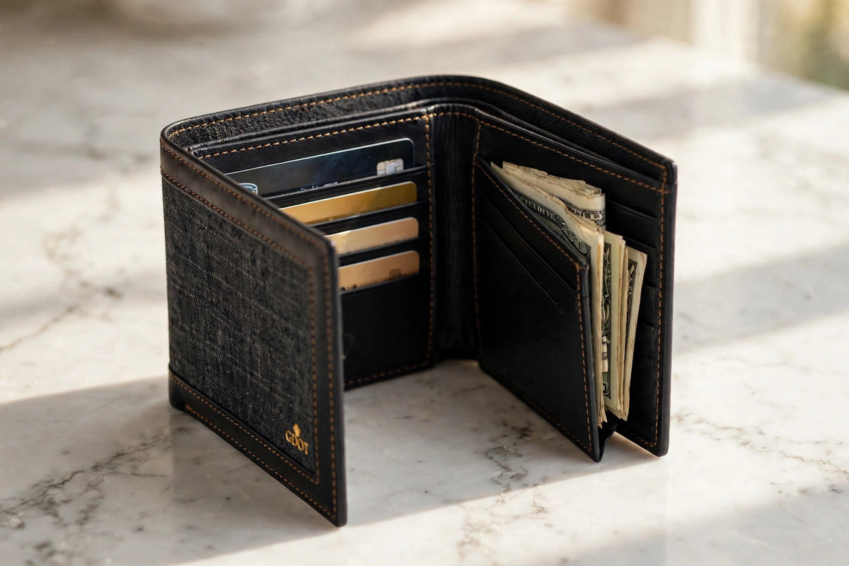GenuinoDot Khaddar Leather Wallet — Charcoal Bifold — front view