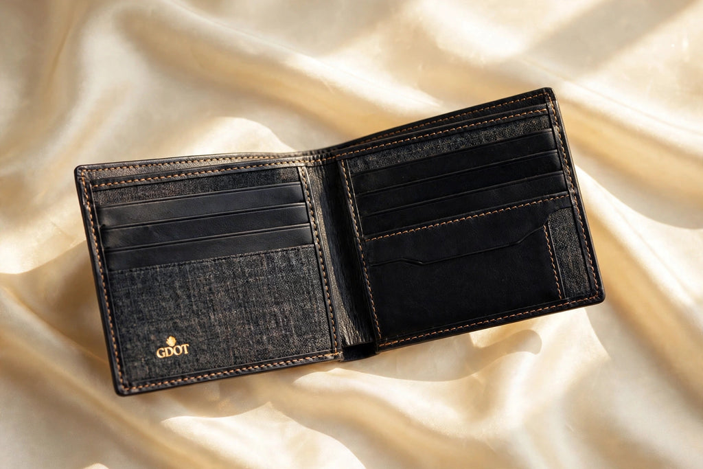 GenuinoDot Khaddar Leather Wallet — Charcoal Bifold — back view