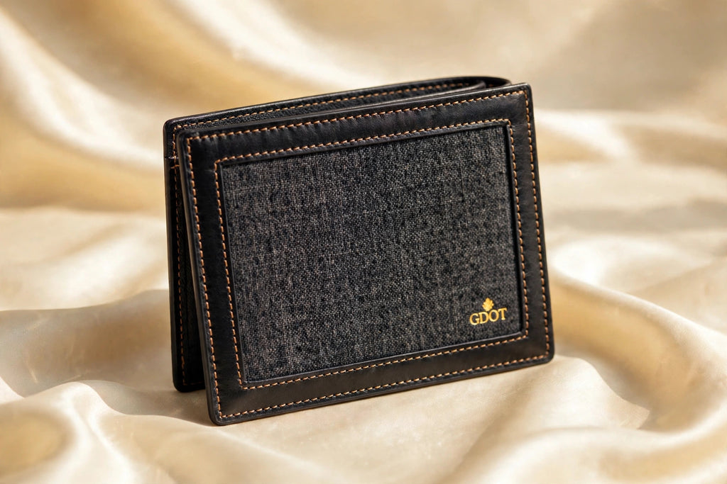 GenuinoDot Khaddar Leather Wallet — Charcoal Bifold — detail shot