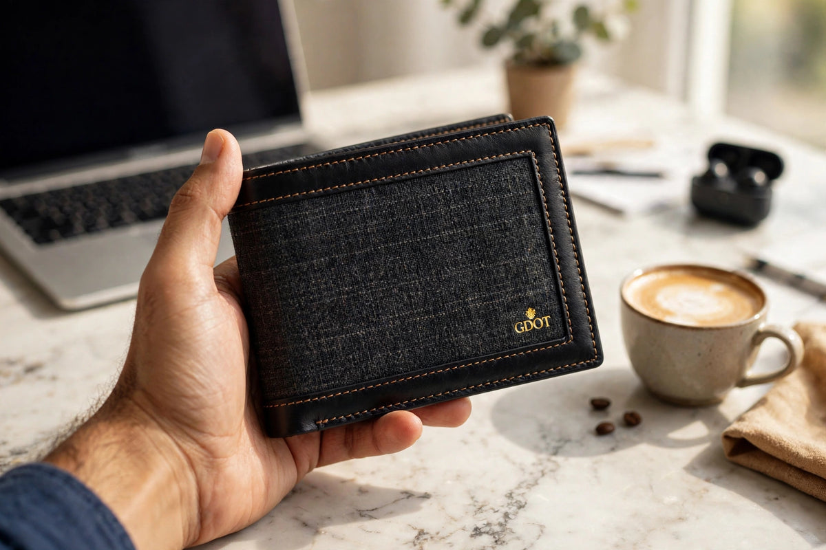 GenuinoDot Khaddar Leather Wallet — Charcoal Bifold — side view