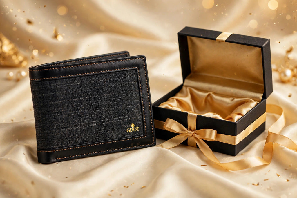 GenuinoDot Khaddar Leather Wallet — Charcoal Bifold — lifestyle shot