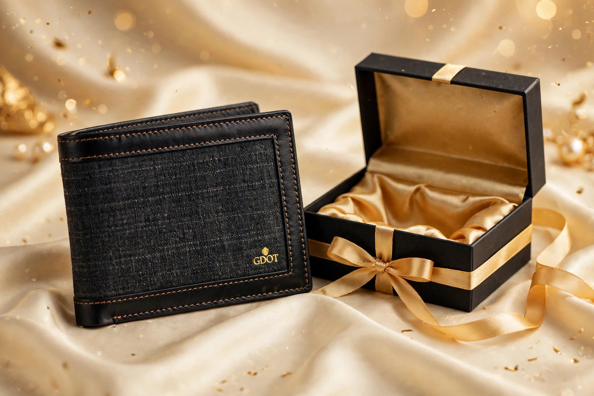GenuinoDot Khaddar Leather Wallet — Charcoal Bifold — lifestyle shot