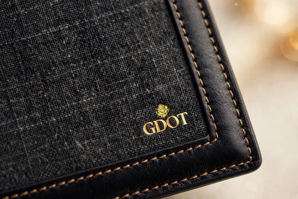 GenuinoDot Khaddar Leather Wallet — Charcoal Bifold — close-up