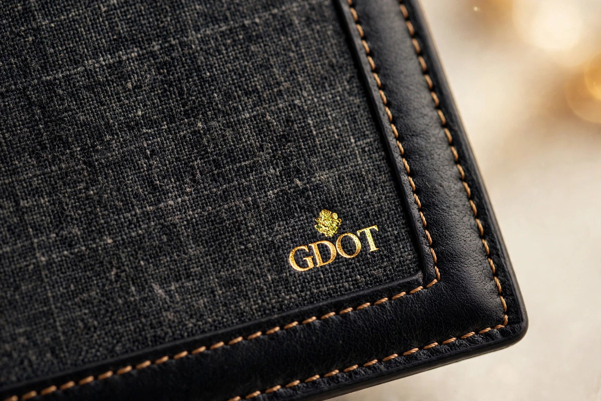 GenuinoDot Khaddar Leather Wallet — Charcoal Bifold — close-up