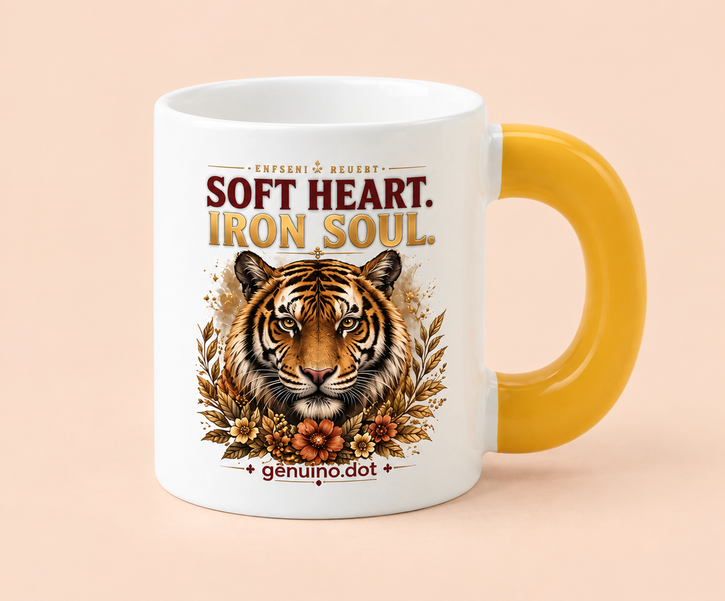 Tiger "SOFT HEART. IRON SOUL." Fat Mug — Golden Handle — front view
