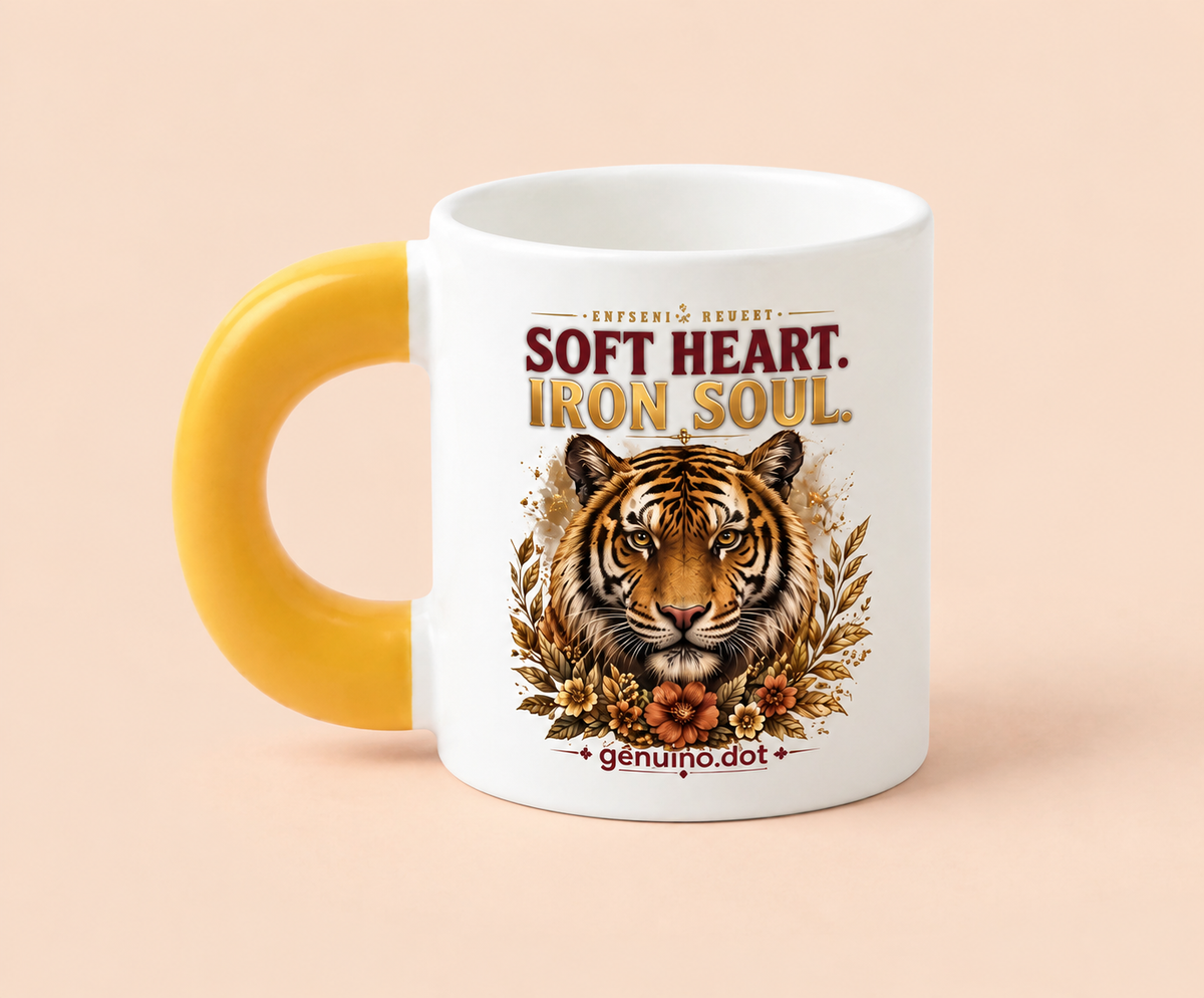 Tiger "SOFT HEART. IRON SOUL." Fat Mug — Golden Handle — back view
