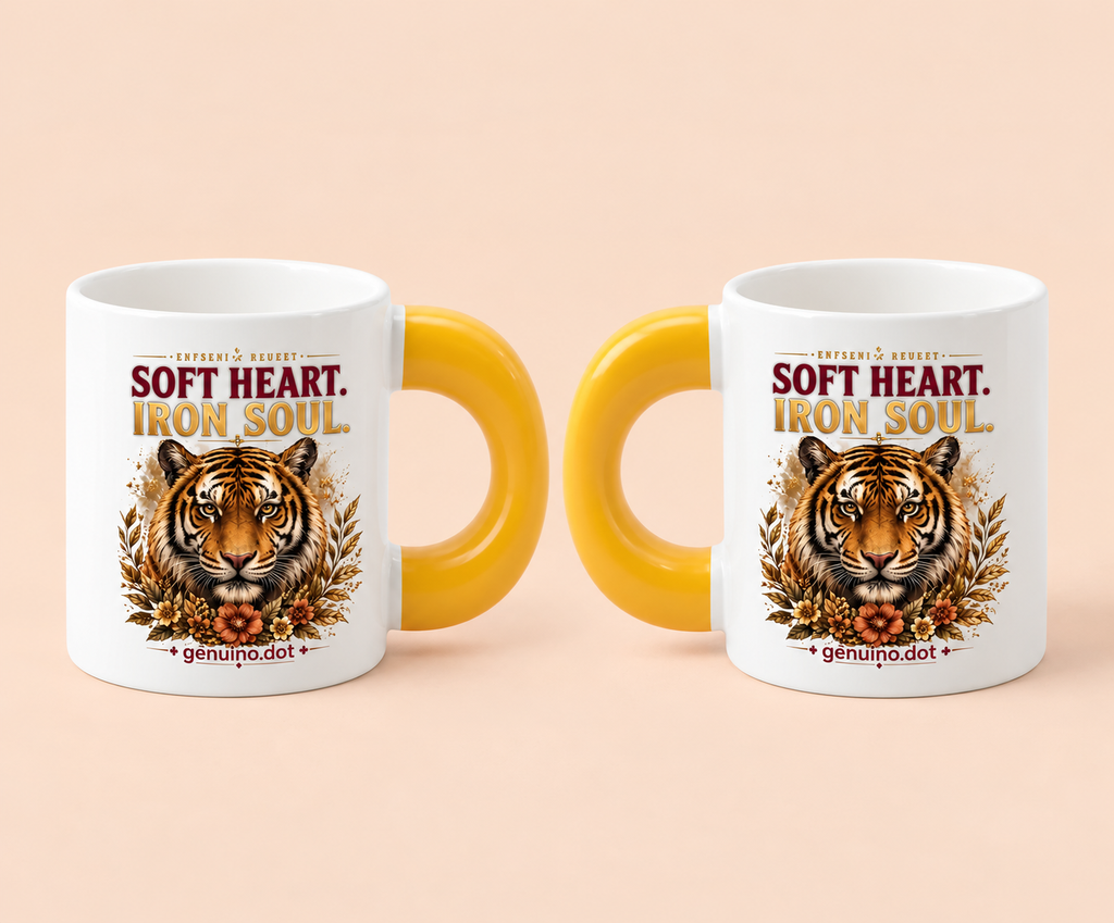 Tiger "SOFT HEART. IRON SOUL." Fat Mug — Golden Handle — detail shot