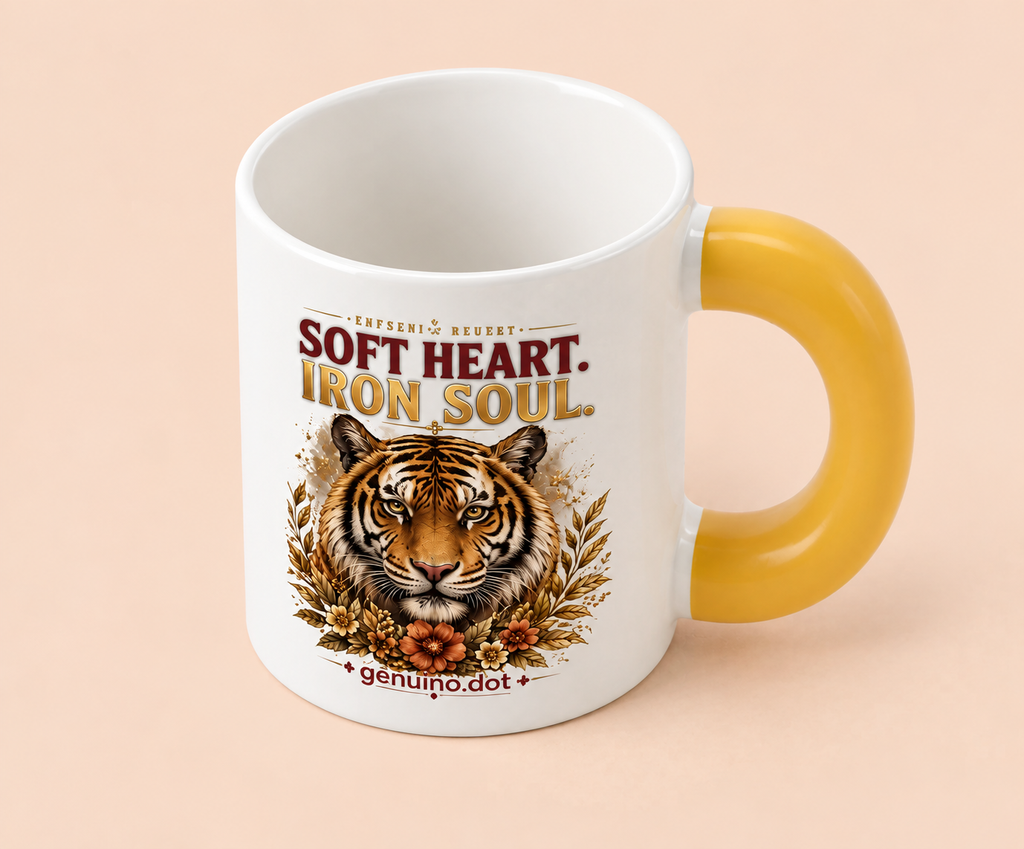 Tiger "SOFT HEART. IRON SOUL." Fat Mug — Golden Handle — side view