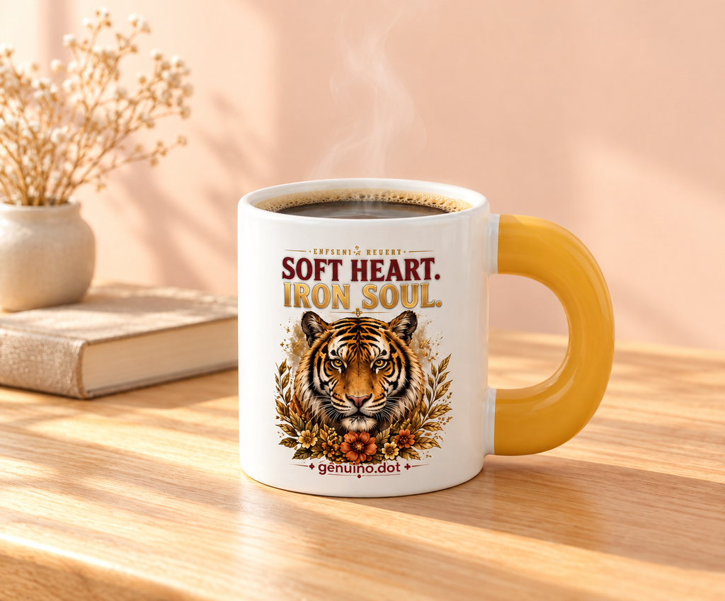Tiger "SOFT HEART. IRON SOUL." Fat Mug — Golden Handle — lifestyle shot