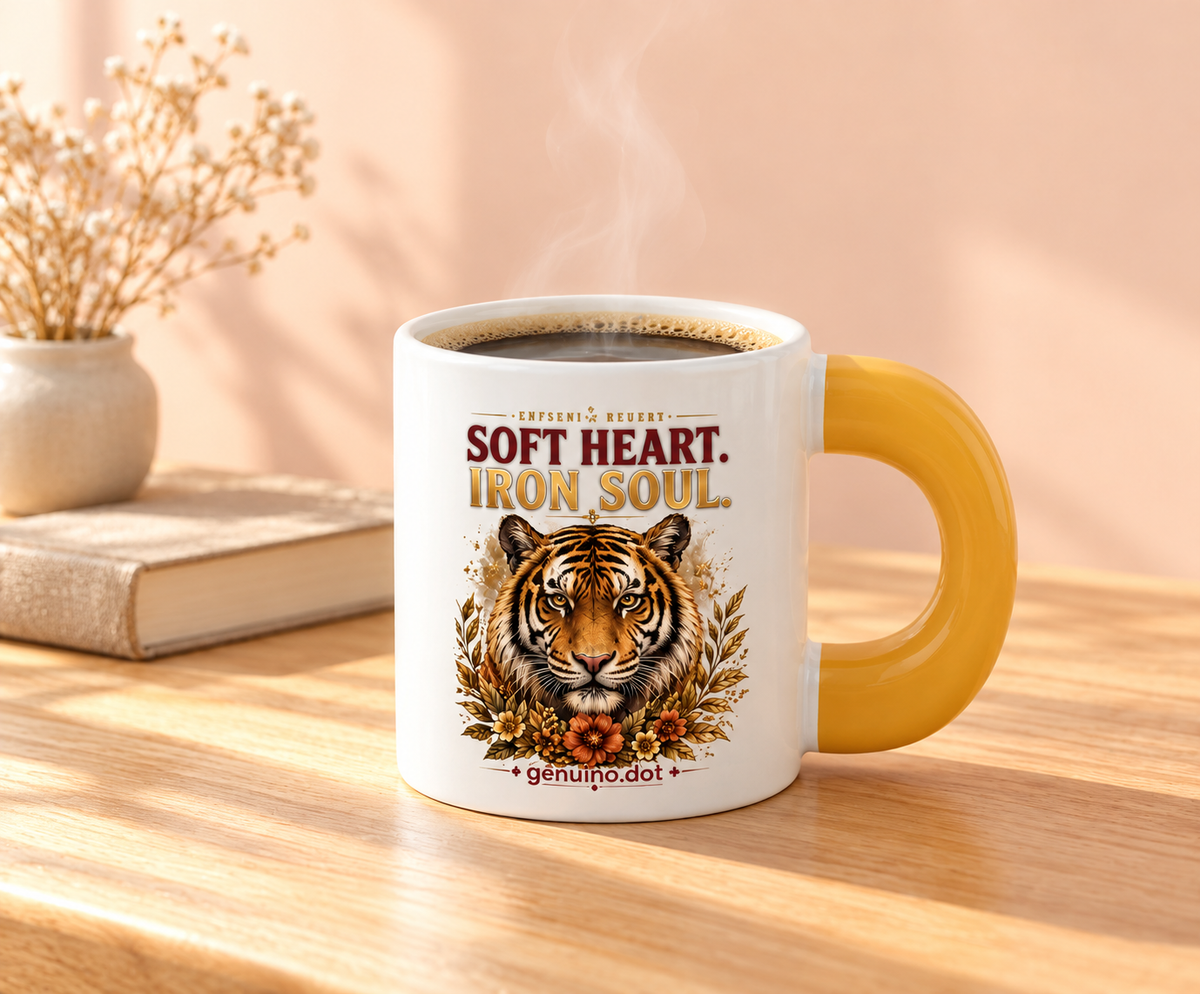 Tiger "SOFT HEART. IRON SOUL." Fat Mug — Golden Handle — lifestyle shot