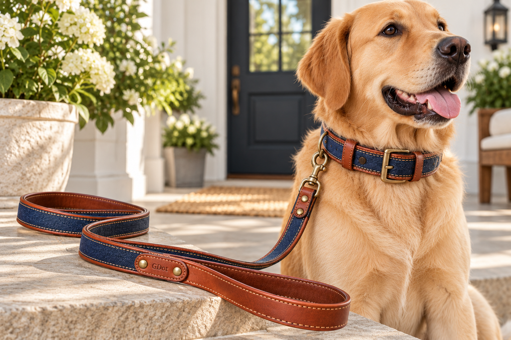 Denim Leather Dog Collar & Leash Set — lifestyle shot