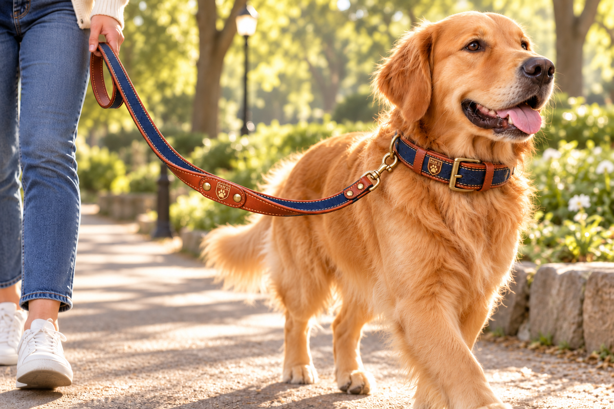 Denim Leather Dog Collar & Leash Set