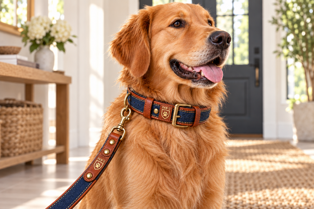 Denim Leather Dog Collar & Leash Set — front view