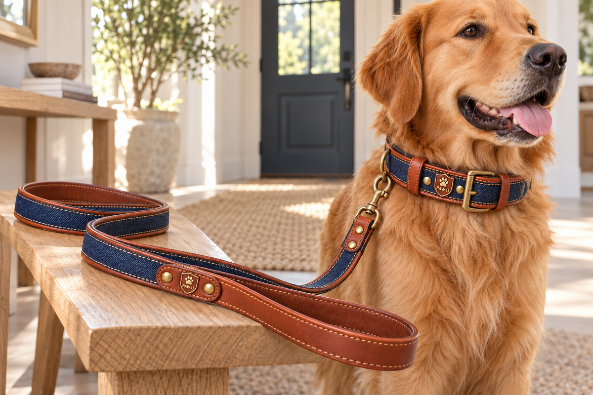 Denim Leather Dog Collar & Leash Set — back view