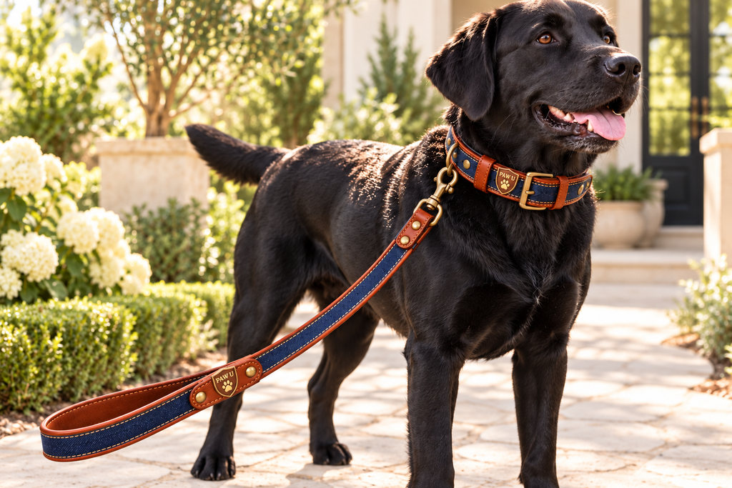 Denim Leather Dog Collar & Leash Set — detail shot