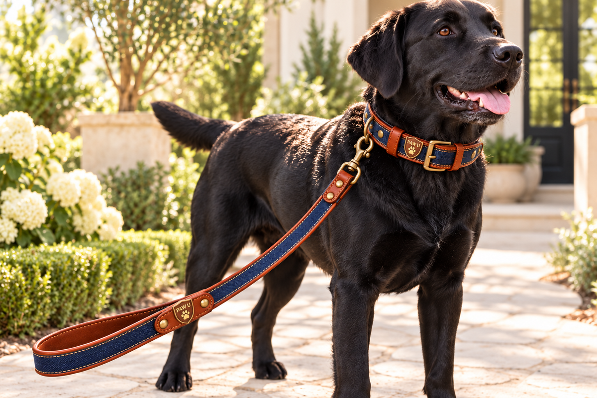 Denim Leather Dog Collar & Leash Set — detail shot