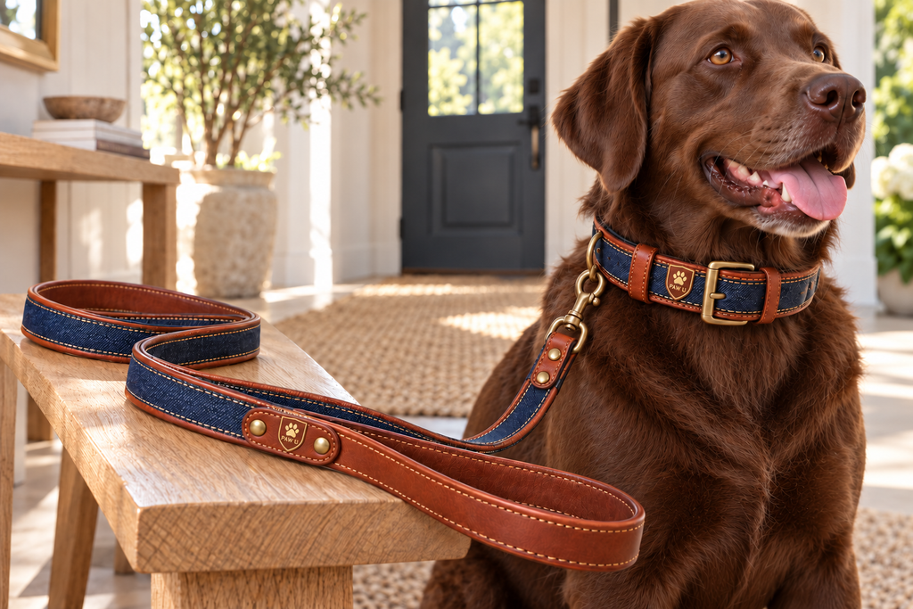 Denim Leather Dog Collar & Leash Set — side view