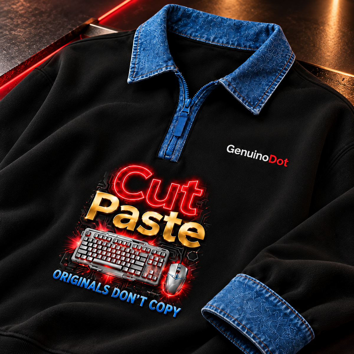 Cut/Paste Tech Street Pullover — Black Quarter-Zip — close-up
