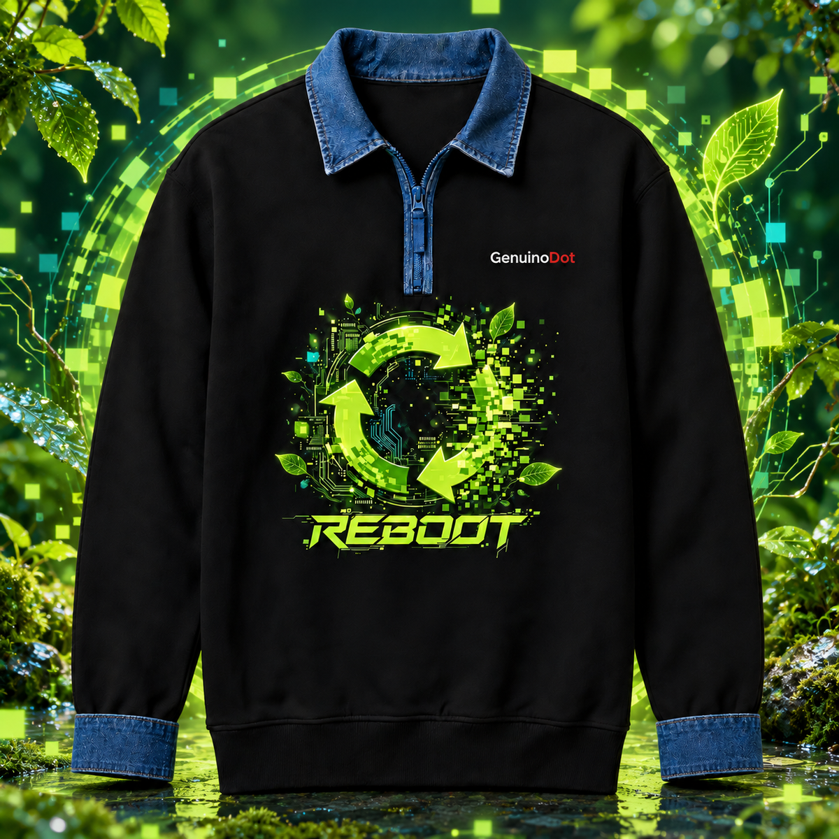 Reboot Eco-Tech Pullover — Black Denim Collar — front view