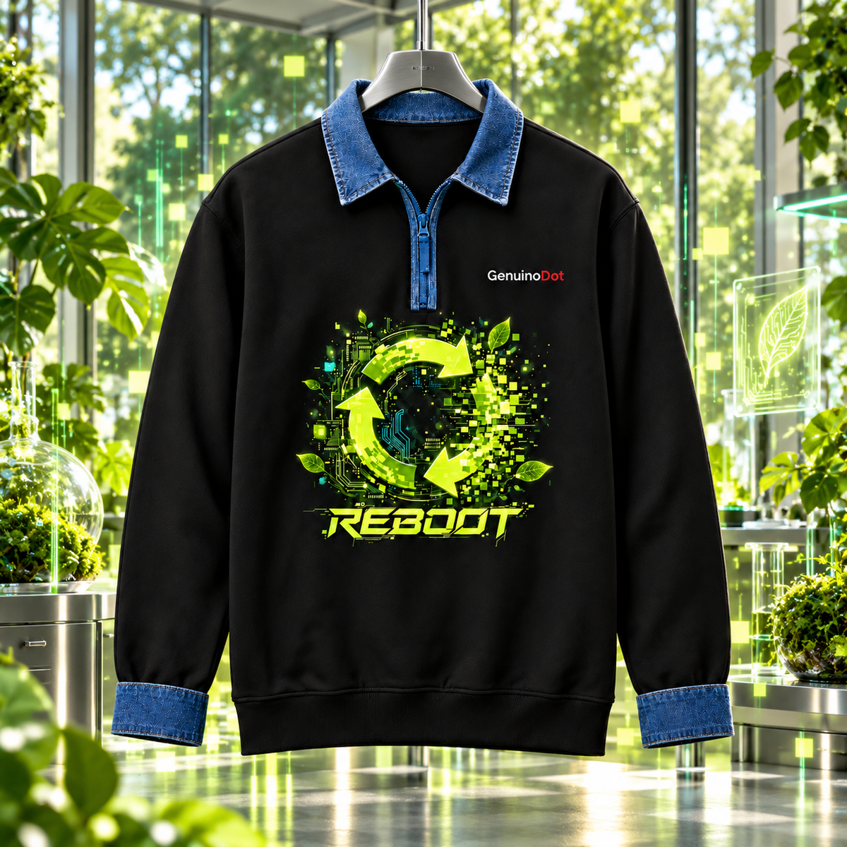 Reboot Eco-Tech Pullover — Black Denim Collar — lifestyle shot
