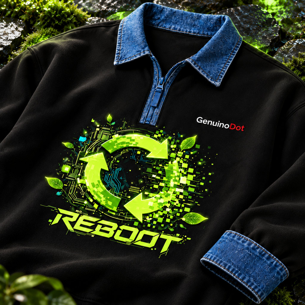 Reboot Eco-Tech Pullover — Black Denim Collar — close-up