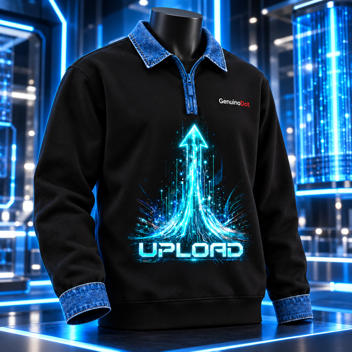 Upload Tech Pullover — Black Denim Collar — side view
