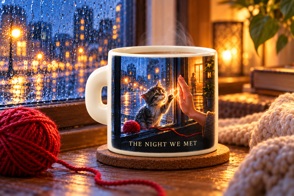 Rescue Cat Story Mug — You Found Me, I Found Home — front view