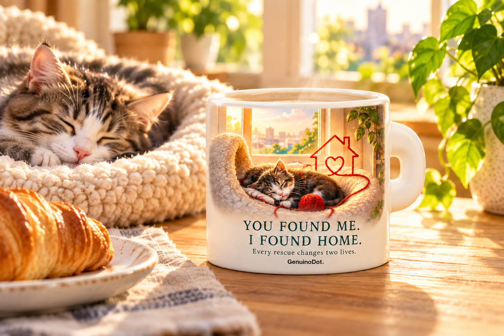 Rescue Cat Story Mug — You Found Me, I Found Home — back view