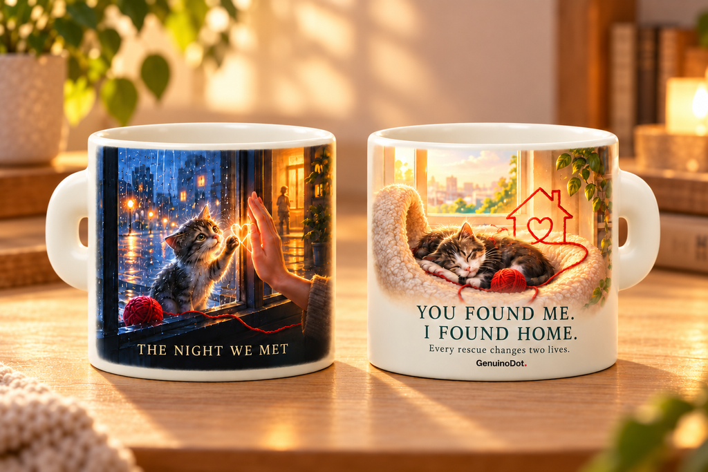 Rescue Cat Story Mug — You Found Me, I Found Home — detail shot