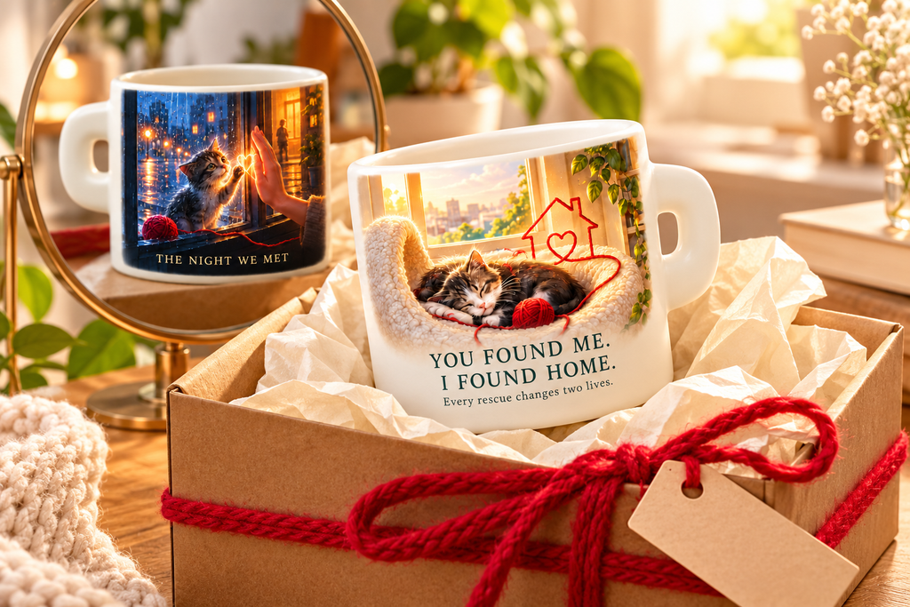 Rescue Cat Story Mug — You Found Me, I Found Home — side view