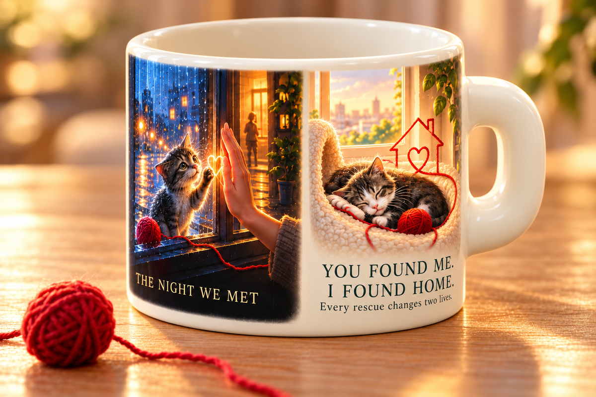 Rescue Cat Story Mug — You Found Me, I Found Home — lifestyle shot