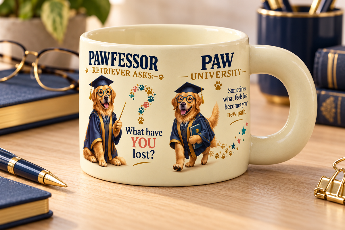 Pawfessor Retriever Motivational Mug — lifestyle shot