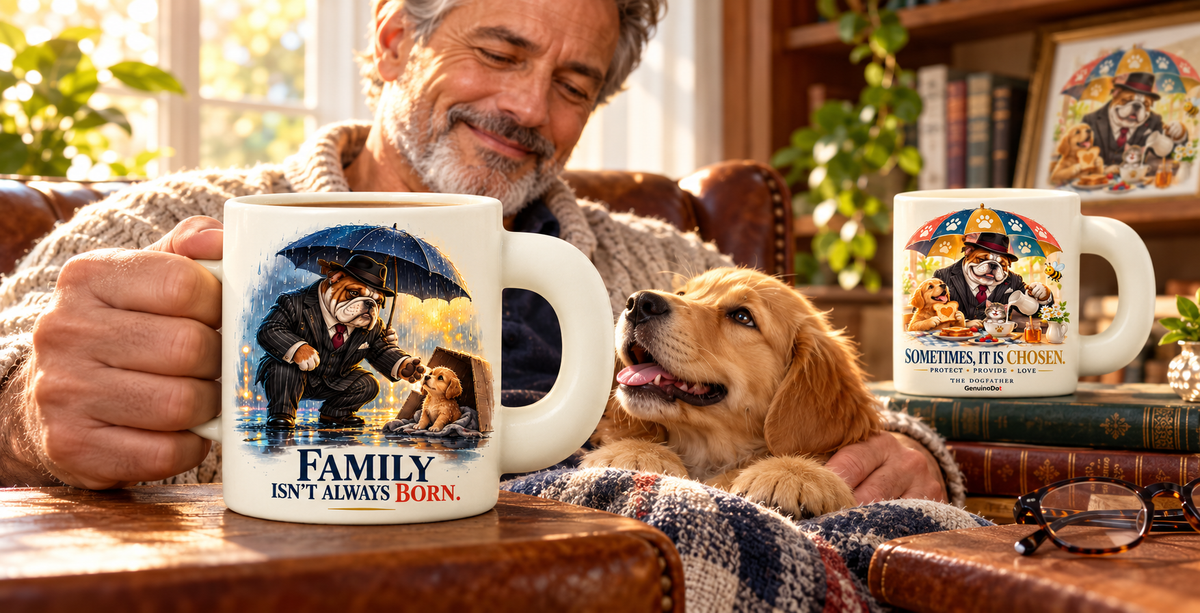 The Dogfather Mug — Family by Choice — close-up