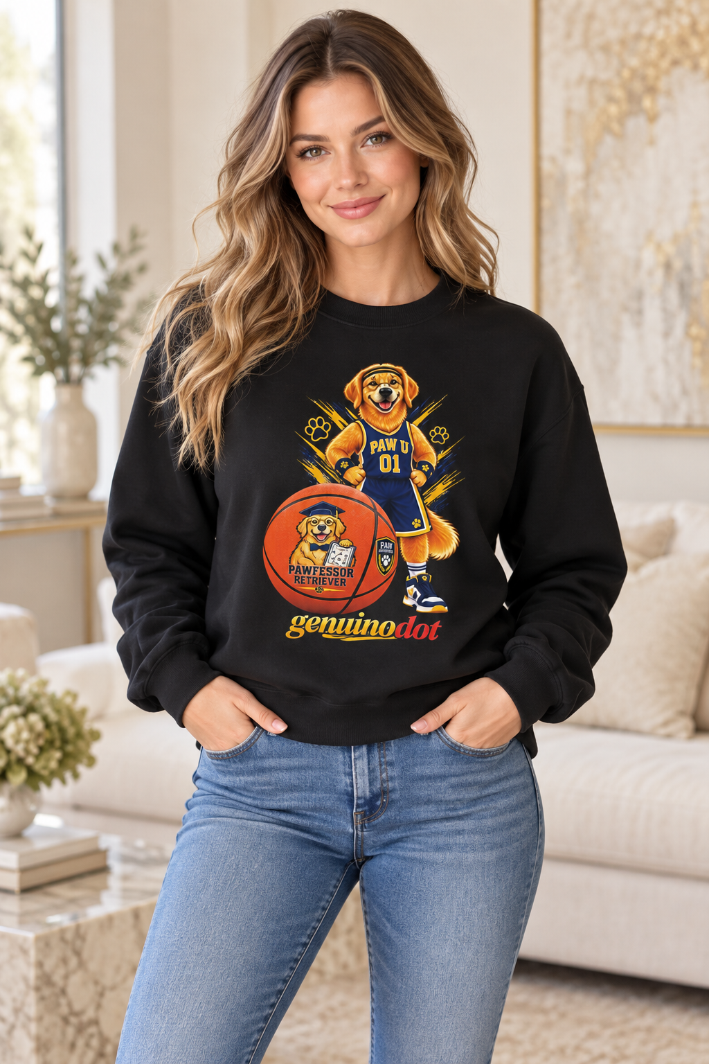 Pawfessor Retriever Basketball Sweatshirt — detail shot