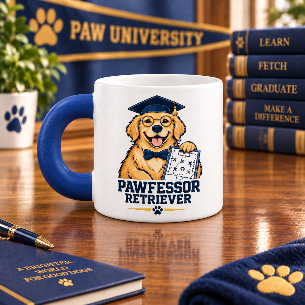 Pawfessor Retriever Graduation Mug — front view