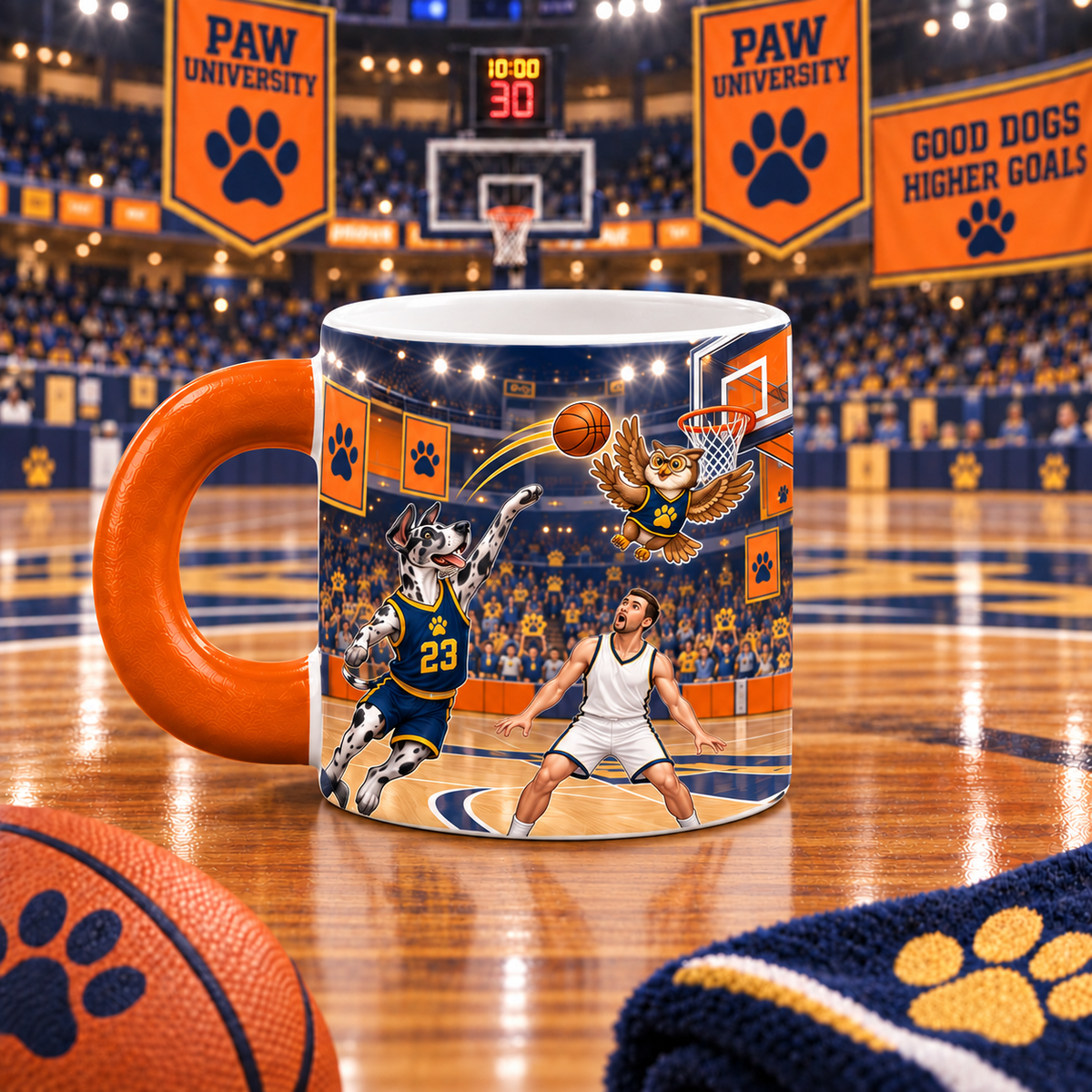 Pawfessor Dane & Owl Basketball Mug — front view