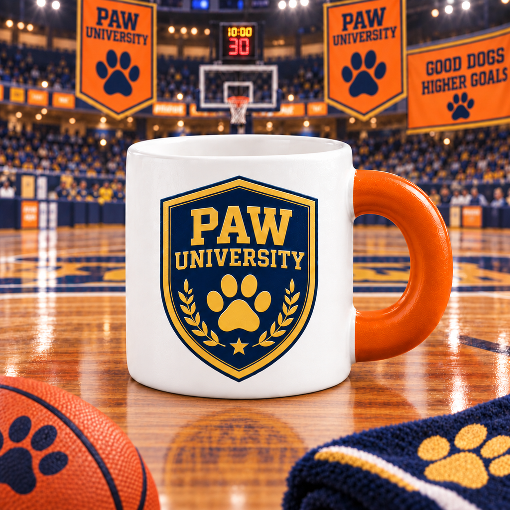 Pawfessor Dane & Owl Basketball Mug — back view