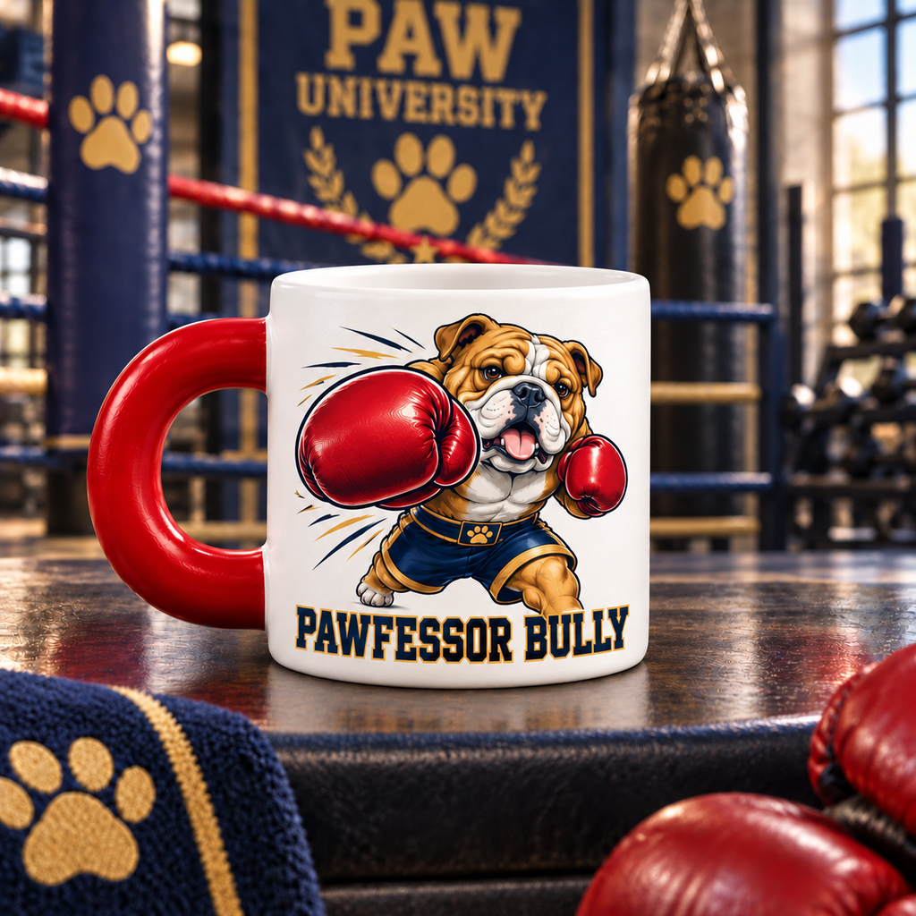 Pawfessor Bully Boxing Mug — PAW University — front view