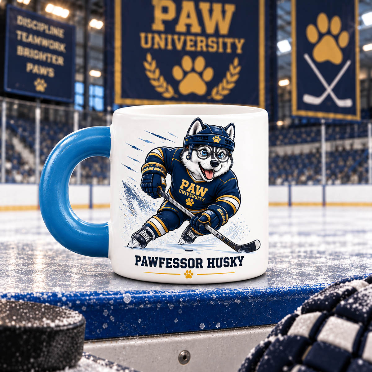 Pawfessor Husky Hockey Mug — PAW University — front view