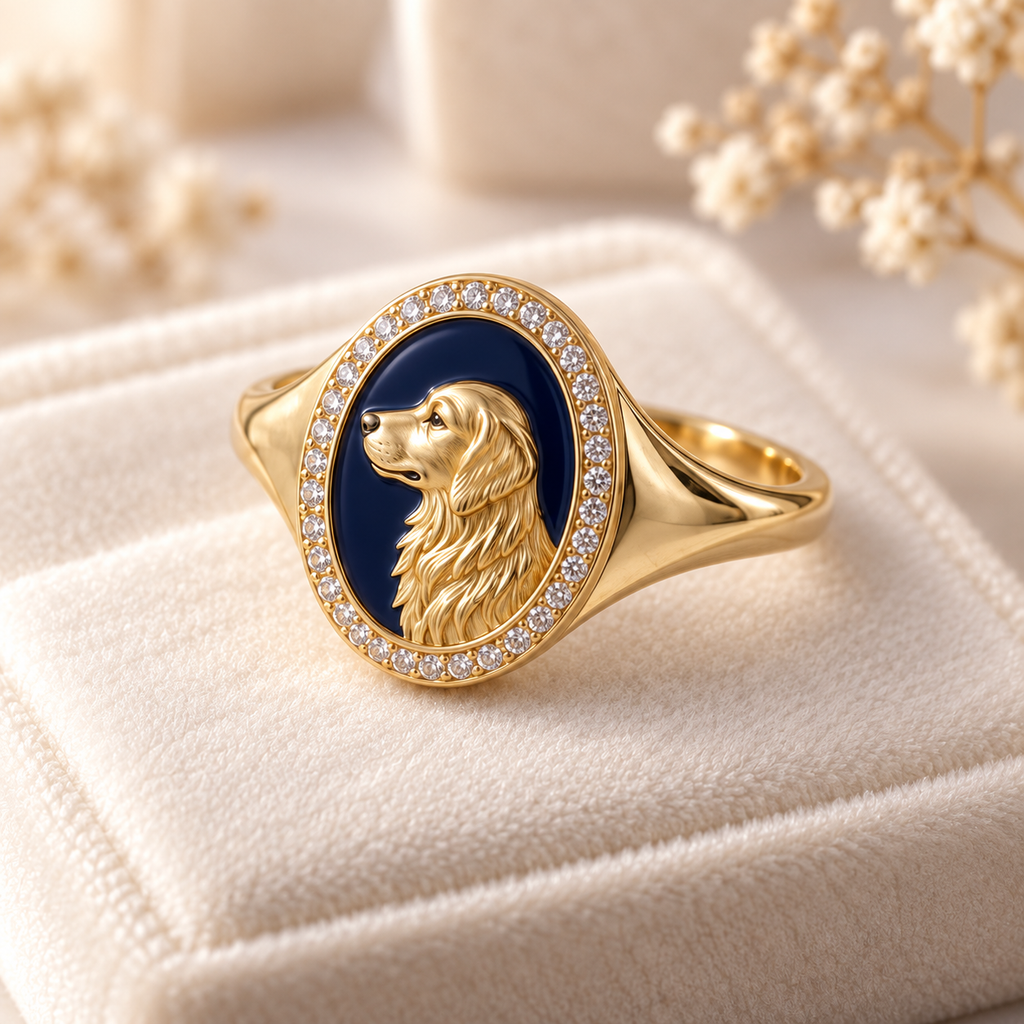 Golden Retriever Halo Signet Ring — Navy