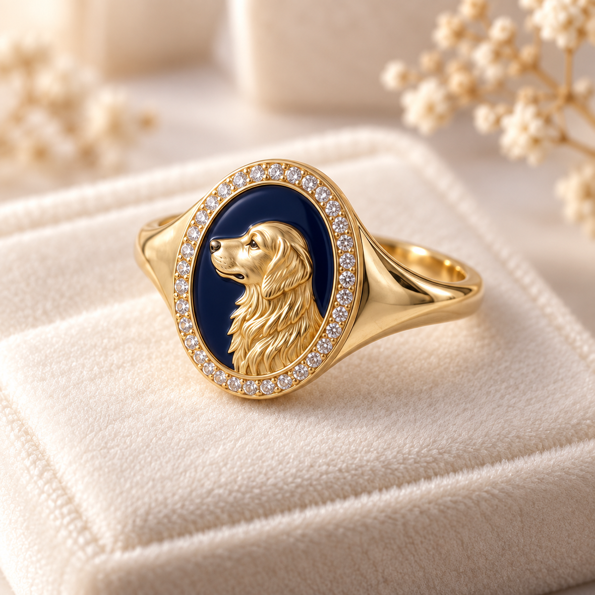 Golden Retriever Halo Signet Ring — Navy