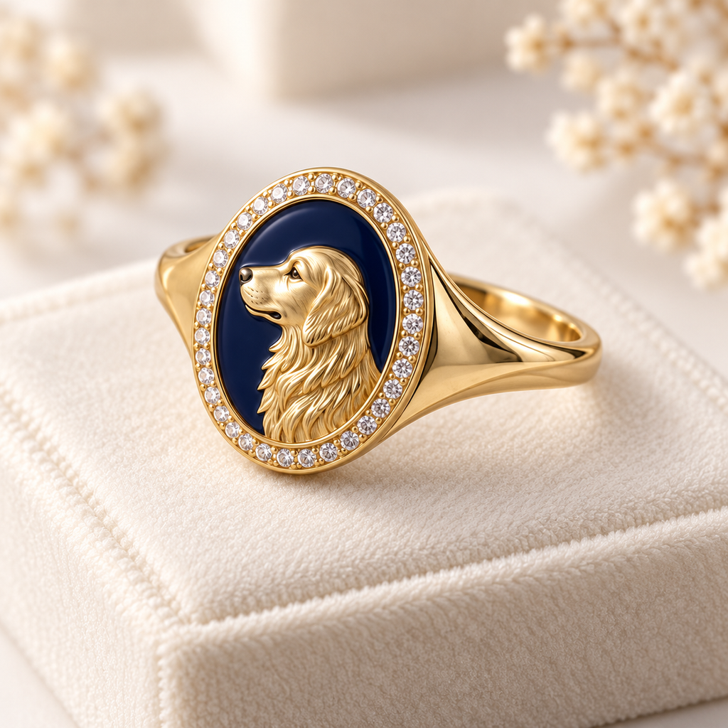 Golden Retriever Halo Signet Ring — Navy — back view