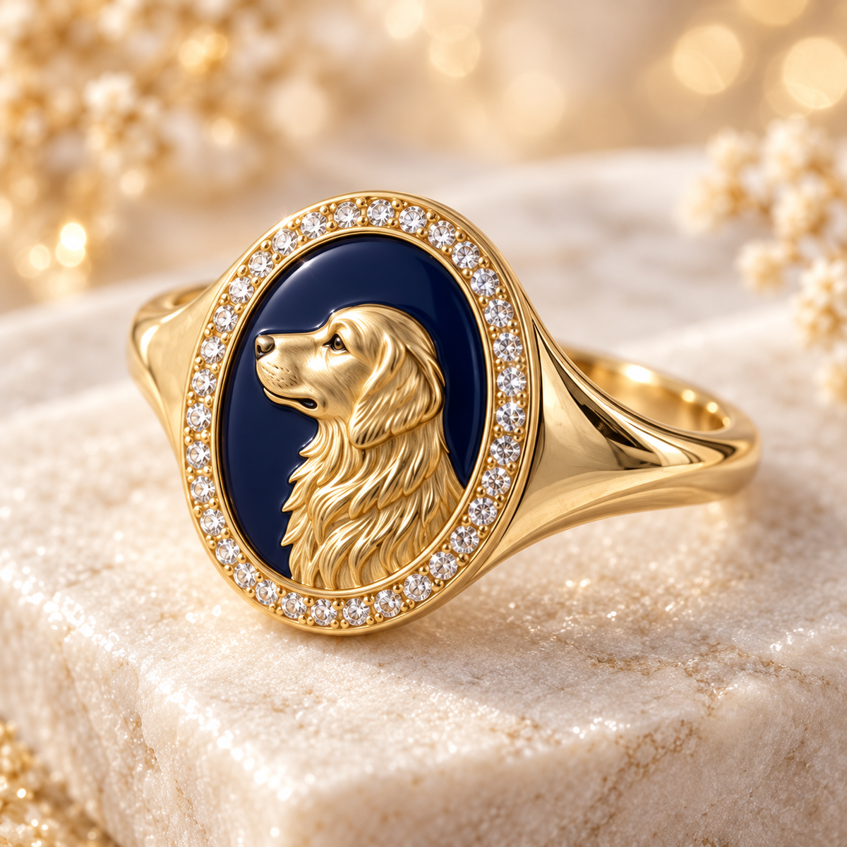 Golden Retriever Halo Signet Ring — Navy — detail shot