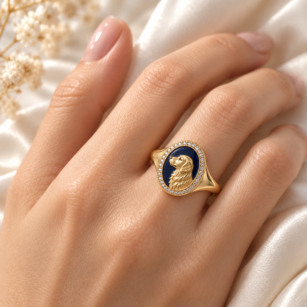Golden Retriever Halo Signet Ring — Navy — front view