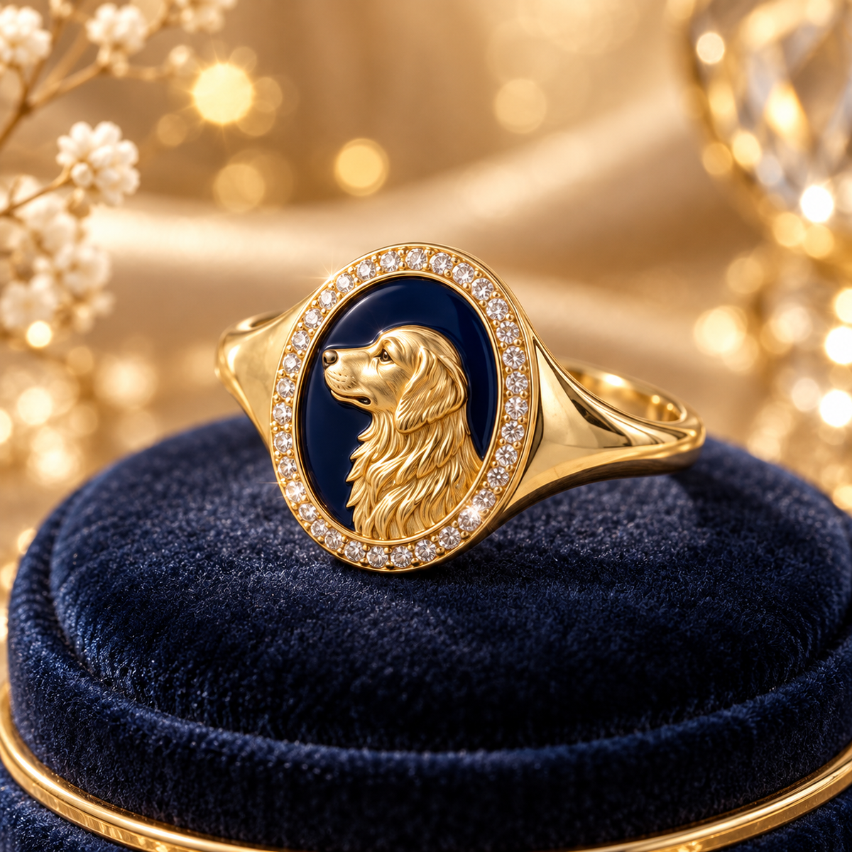 Golden Retriever Halo Signet Ring — Navy — lifestyle shot