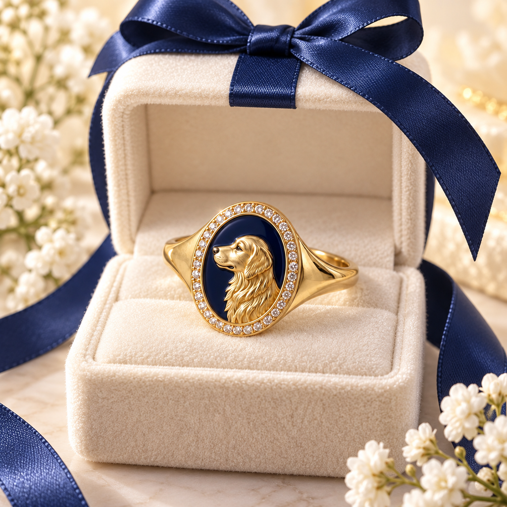 Golden Retriever Halo Signet Ring — Navy — side view